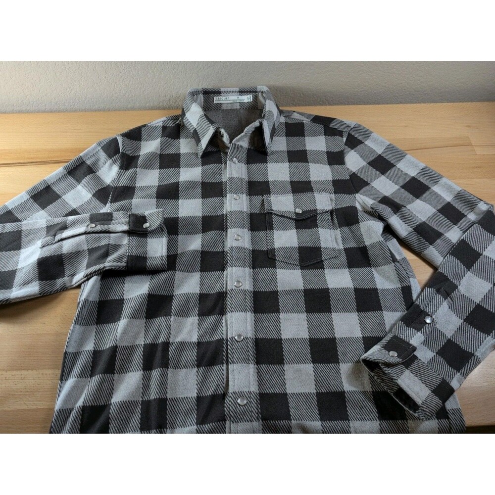 Criquet Flannel Shirt Mens Medium Gray Black Plaid Western Pearl Snap Flaw